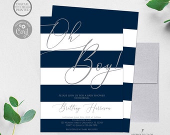 Oh Boy Baby Shower Invitation | Navy Blue, White and Gray Stripes Modern | Digital or Printed