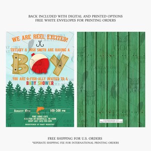 Puede incluir: Invitaci&oacute;n a un baby shower con tem&aacute;tica de pesca. La invitaci&oacute;n presenta el texto "We are reel excited!" y "Baby Boy". La parte posterior de la invitaci&oacute;n tiene un dise&ntilde;o de tablones de madera verdes.