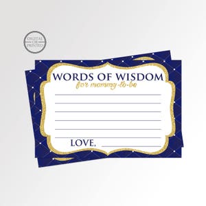 May include: Blue and gold baby shower advice cards with the text "Words of Wisdom for mommy-to-be" and "LOVE," with a space for guests to write their advice.
