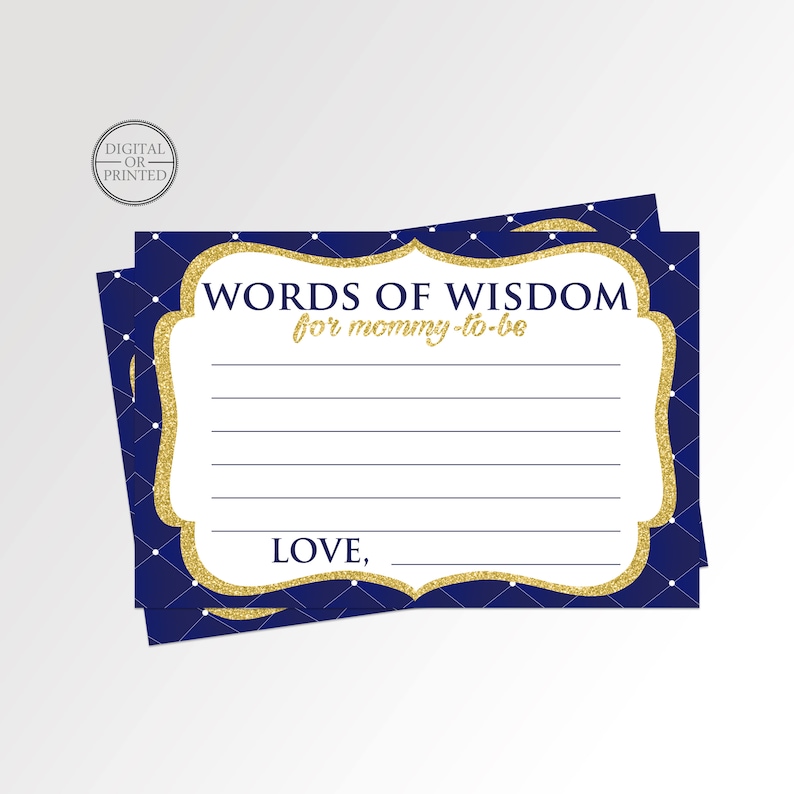 May include: Blue and gold baby shower advice cards with the text "Words of Wisdom for mommy-to-be" and "LOVE," with a space for guests to write their advice.