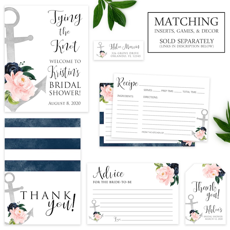 Nautical Bridal Shower Invitation | Floral Anchor Bridal Invitation | Tying the Knot | Navy and Blush | Printed or Digital image 4