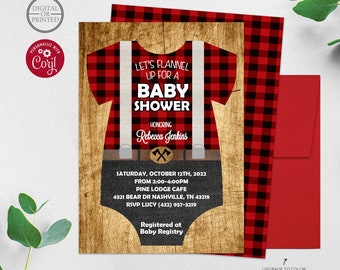 Lumberjack Baby Shower Invitation | Buffalo Plaid Rustic Invitation | Onesie Baby Shower Invitation | Woodland | Digital or Printed