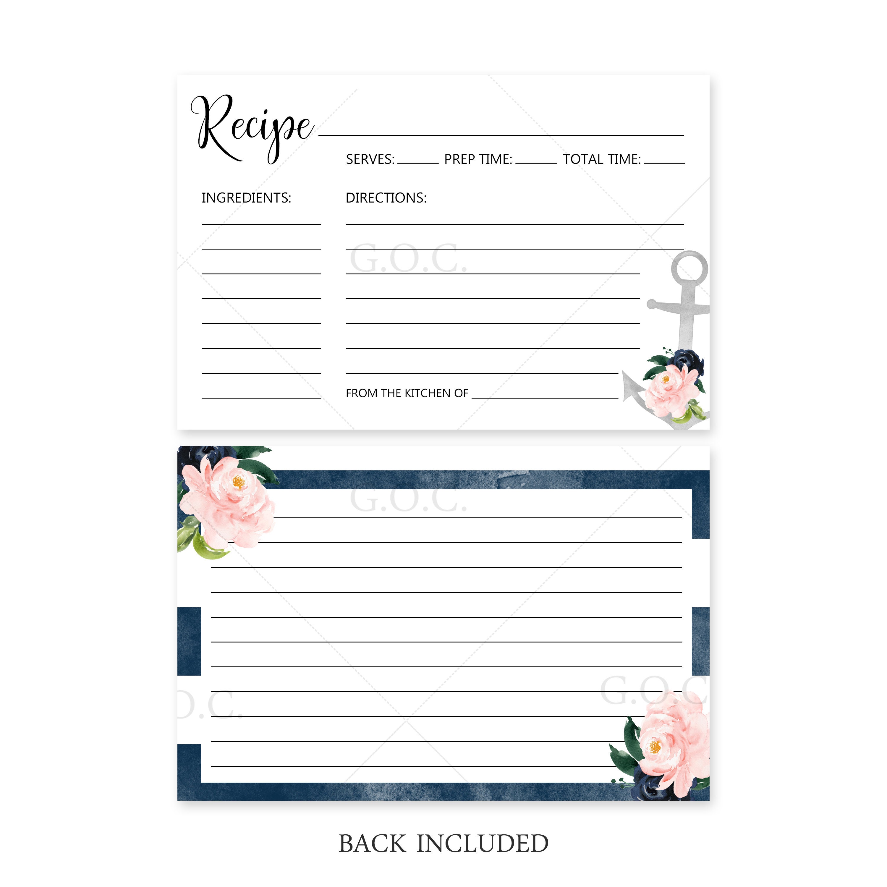 Recipe Card Fish Nautical Recipe Cards | 2- Sided Recipe Cards | Bridal Shower Nautical ...