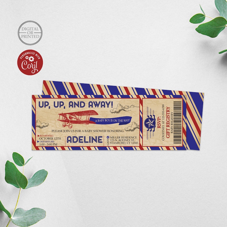 May include: A vintage airplane ticket style baby shower invitation with red, white, and blue stripes. The invitation reads "Up, Up, and Away! A Baby Boy is on the Way!" and includes the date, time, and location of the shower. The invitation also includes a gift registry link.