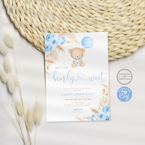 Boho Bear Baby Shower Invitation | Blue Pampas Teddy Bear Boy Baby Shower Invite | Digital or Printed Instant Editable Template immagine 1