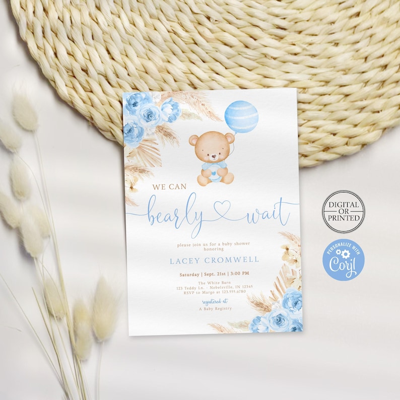 Boho Bear Baby Shower Invitation | Blue Pampas Teddy Bear Boy Baby Shower Invite | Digital or Printed Instant Editable Template immagine 1