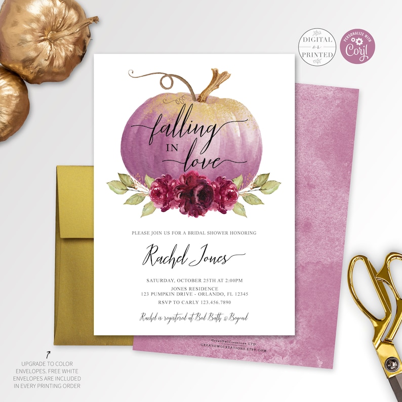 May include: A purple and gold pumpkin with the text "falling in love" in a script font. The pumpkin is surrounded by burgundy flowers and green leaves. The text "Please join us for a bridal shower honouring Rachel Jones" is below the pumpkin. The date, time, location, and RSVP information are listed below the text. The text "Rachel is registered at Bed Bath & Beyond" is at the bottom of the invitation.