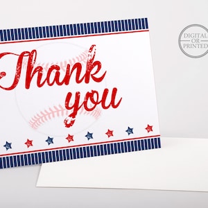 May include: Red and blue thank you card with a baseball graphic and stars. The text "Thank you" is in red.