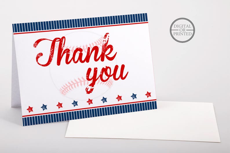 May include: Red and blue thank you card with a baseball graphic and stars. The text "Thank you" is in red.