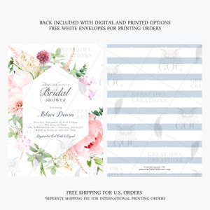 Pode incluir: Um convite de ch&aacute; de panela branco com um design floral com pe&ocirc;nias cor-de-rosa, hort&ecirc;nsias brancas e folhas verdes. O convite inclui o texto "please join us for a Bridal Shower honoring Melissa Duncan".