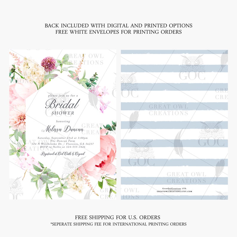Pode incluir: Um convite de ch&aacute; de panela branco com um design floral com pe&ocirc;nias cor-de-rosa, hort&ecirc;nsias brancas e folhas verdes. O convite inclui o texto "please join us for a Bridal Shower honoring Melissa Duncan".