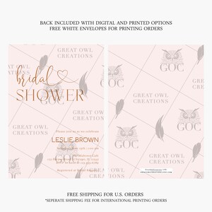 May include: A pink and gray printable bridal shower invitation with an owl design and the text "Great Owl Creations" and "bridal shower".
