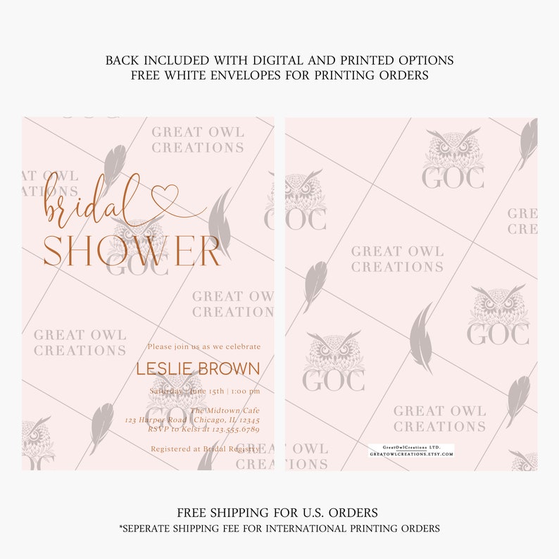 May include: A pink and gray printable bridal shower invitation with an owl design and the text "Great Owl Creations" and "bridal shower".