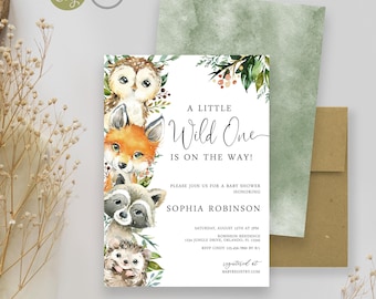 May include: A baby shower invitation card featuring watercolor illustrations of an owl, fox, raccoon, and hedgehog. The text reads: A LITTLE Wild One IS ON THE WAY! PLEASE JOIN US FOR A BABY SHOWER HONORING SOPHIA ROBINSON, SATURDAY, AUGUST 15TH AT 3PM.