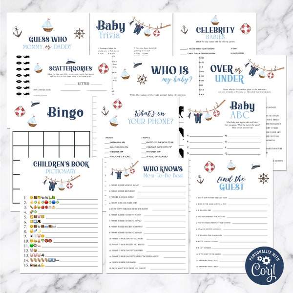 Ahoy Baby Shower Games Package, Nautical Sailor Self Edit Instant Download Printable, BA-42723