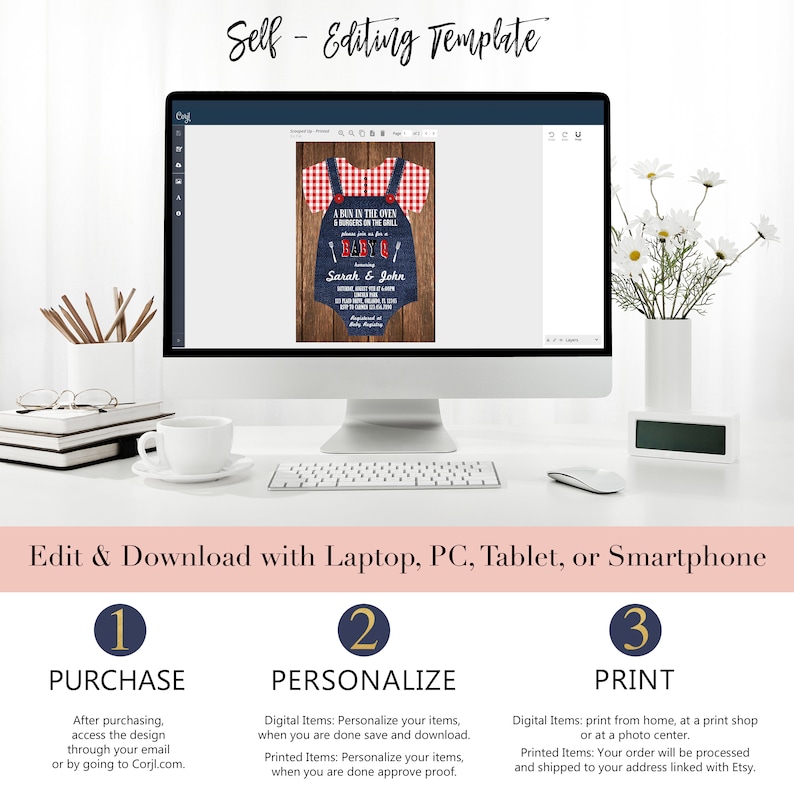 以下が含まれることがあります： ベビーシャワーの招待状のデジタルテンプレート。招待状には、赤と青のギンガムチェックのシャツと青いオーバーオールを着た漫画の赤ちゃんが描かれています。招待状のテキストは「A bun in the oven & burgers on the grill, please join us for a baby Q」です。