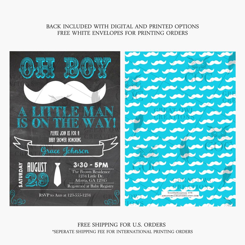 Invitación para baby shower "Pequeño Hombre" / Invitaciones para baby shower con bigote / Invitación para baby shower "Oh Boy" / Pequeño Hombre / Pizarra / Cualquier color imagen 2