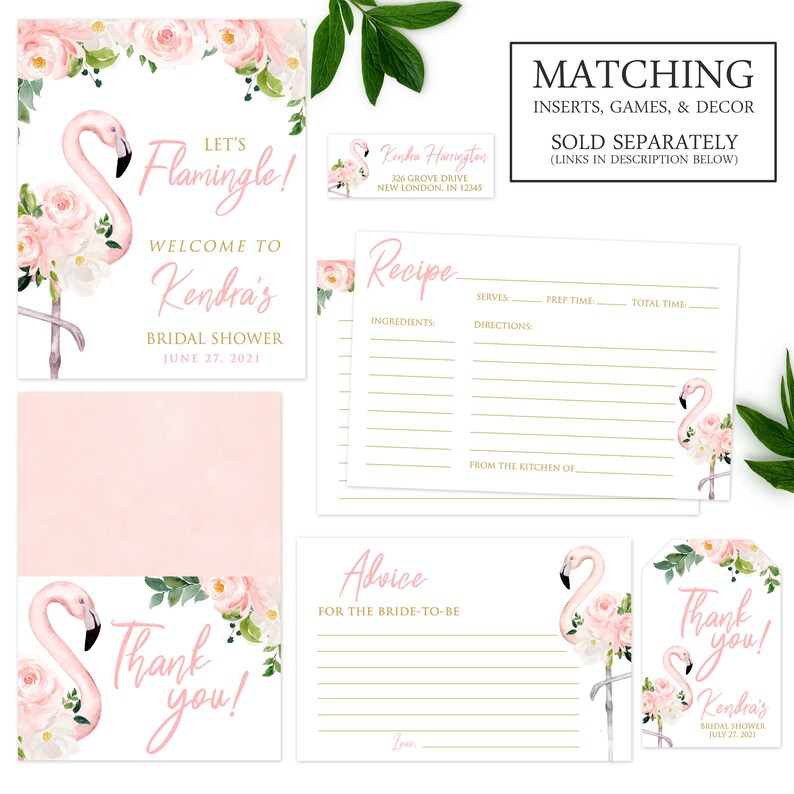 May include: Pink flamingo bridal shower invitation set with floral accents. Includes a welcome sign, recipe card, advice card, and thank you tag. The text on the welcome sign reads "Let's Flamingle! Welcome to Kendra's Bridal Shower June 27, 2021".