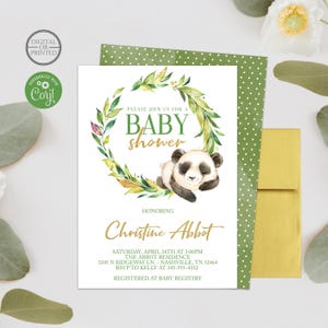 Panda Baby Shower Invitation, Greenery Animal Baby Shower Invite, Digital or Printed image 1