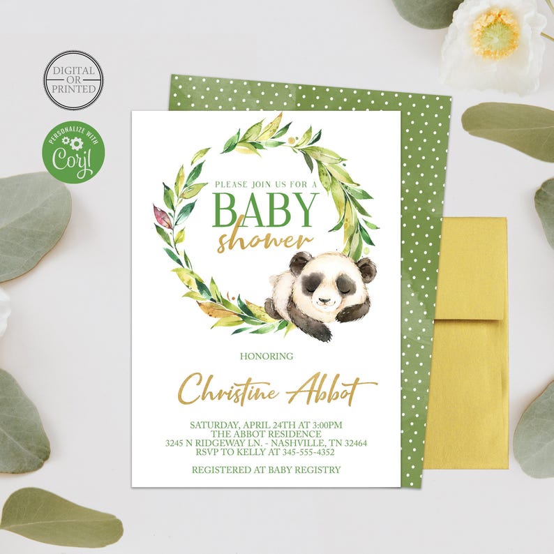 Panda Baby Shower Invitation, Greenery Animal Baby Shower Invite, Digital or Printed image 1