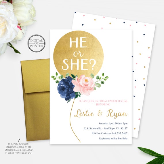 Balloon Gender Reveal Invitation, Floral Balloon Gender Reveal Party Invite, He or She, Digital or Printed Il_570xn