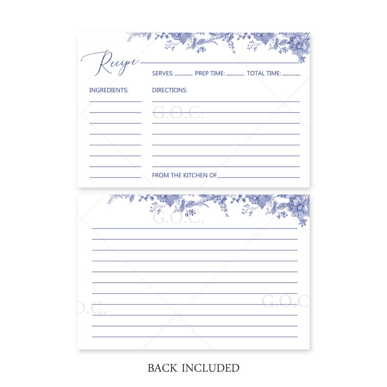 May include: A printable recipe card template with a blue floral border. The card has sections for ingredients, directions, serves, prep time, total time, and from the kitchen of. The back of the card is blank.