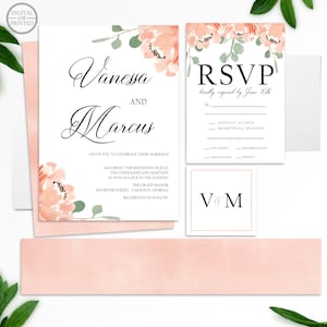 Peach Pink Watercolor Floral Wedding Invitation Suite / Kit
