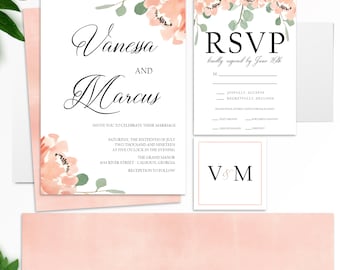 Peach Pink Watercolor Floral Wedding Invitation Suite / Kit