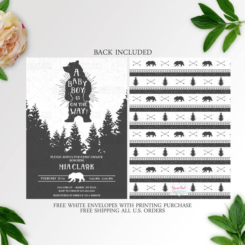 May include: Black and white baby shower invitation with a silhouette of a bear in a forest. The text reads "A Baby Boy is on the Way!" and includes the name Mia Clark, date, and time of the shower. The back of the invitation features a repeating pattern of bears, trees, and arrows.