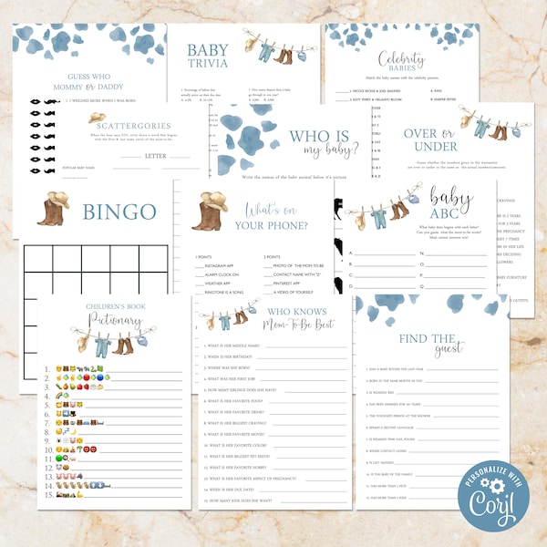 Cowboy Baby Shower Games Package, Self Edit Instant Download Printable, BA-11023