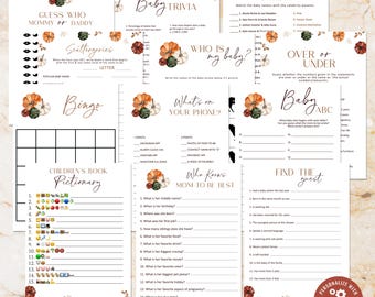 May include: A set of printable baby shower game cards featuring a fall theme with pumpkins, gourds, and leaves. The games include "Guess Who Mommy or Daddy", "Scattergories", "Bingo", "Children's Book Pictionary", "Baby Trivia", "Who is My Baby?", "What's on Your Phone?", "Who Knows Mom to Be Best", "Celebrity Babies", "Over or Under", "Baby ABC", and "Find the Guest".