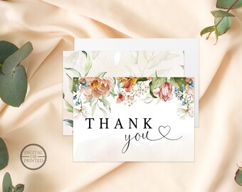 Watercolor Floral Thank You Cards, Bridal Shower Stationery, Folded, Instant Editable Digital or Printed