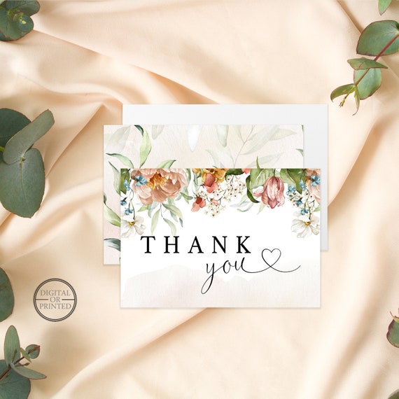 Watercolor Floral Thank You Cards Floral Bridal Shower Thank You Card