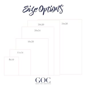 Puede incluir: Un gr&aacute;fico que muestra diferentes opciones de tama&ntilde;o para impresiones. Los tama&ntilde;os son 8x10 pulgadas, 11x14 pulgadas, 16x20 pulgadas, 20x24 pulgadas, 20x30 pulgadas y 24x30 pulgadas. El gr&aacute;fico est&aacute; etiquetado como "Opciones de tama&ntilde;o" y tiene el logotipo "GOC GREAT OWL CREATIONS" en la parte inferior.