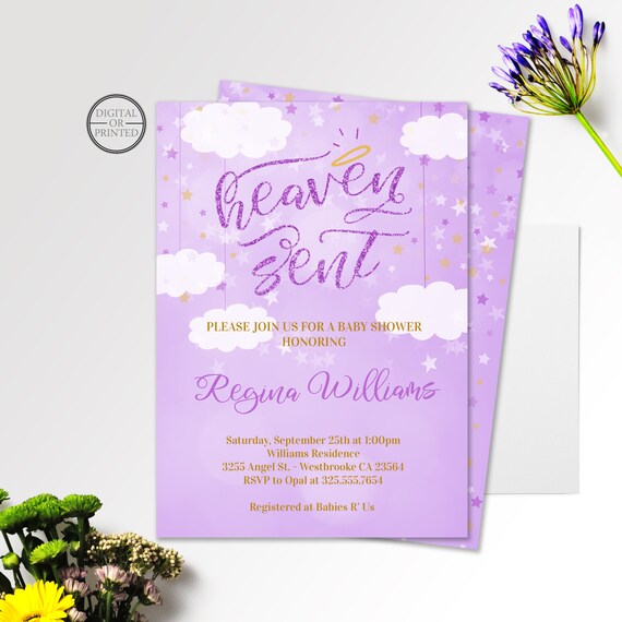 Heaven Sent Baby Shower Invitation | Heaven Sent Invitation | Angel Baby Shower | Halo Baby Shower | Clouds | Purple | Digital | Printed Il_570xn