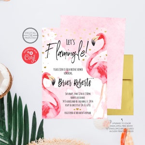 Puede incluir: Una invitaci&oacute;n de ducha nupcial rosa con un tema de flamenco. La invitaci&oacute;n presenta dos flamencos rosas con detalles dorados y el texto "Let's Flamingle!" La invitaci&oacute;n tambi&eacute;n incluye el nombre de la novia, "Brier Roberts", la fecha y hora de la ducha, y la ubicaci&oacute;n.