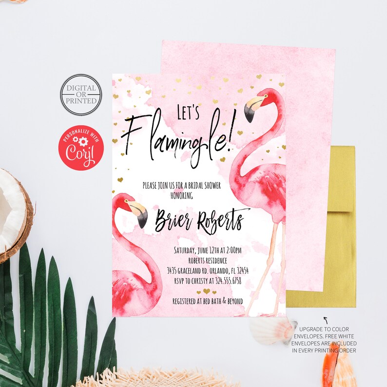 Puede incluir: Una invitaci&oacute;n de ducha nupcial rosa con un tema de flamenco. La invitaci&oacute;n presenta dos flamencos rosas con detalles dorados y el texto "Let's Flamingle!" La invitaci&oacute;n tambi&eacute;n incluye el nombre de la novia, "Brier Roberts", la fecha y hora de la ducha, y la ubicaci&oacute;n.