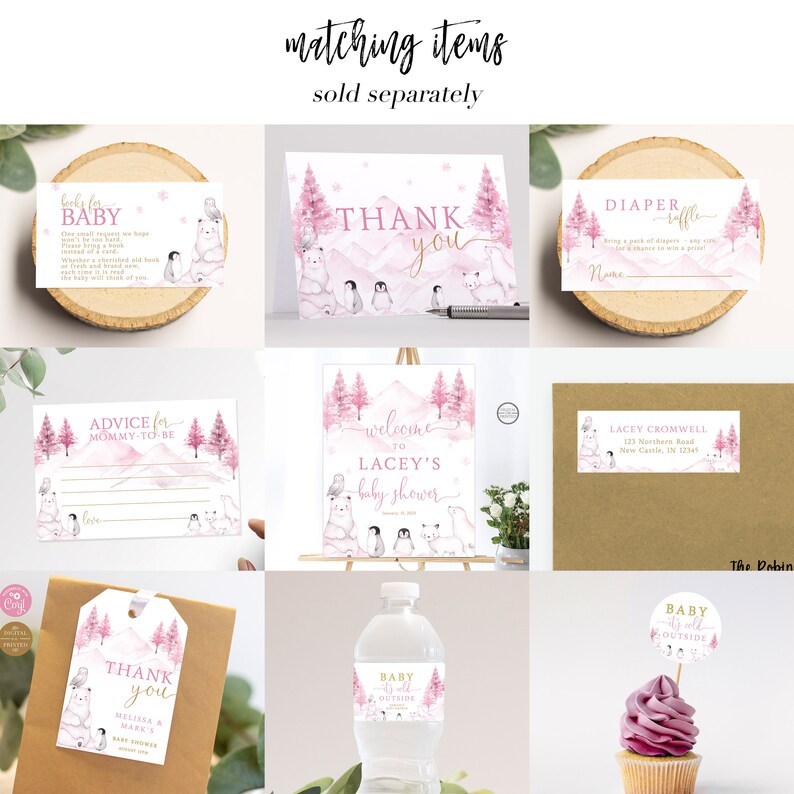 Pode incluir: Um conjunto de decora&ccedil;&otilde;es imprim&iacute;veis para um ch&aacute; de beb&ecirc; com tema de inverno m&aacute;gico com ursos polares rosa e brancos, pinguins e flocos de neve. O texto inclui "Bem-vindo ao ch&aacute; de beb&ecirc; de Lacey", "Obrigado", "Conselhos para a futura mam&atilde;e", "Beb&ecirc;, est&aacute; frio l&aacute; fora", e "Rifa de fraldas".