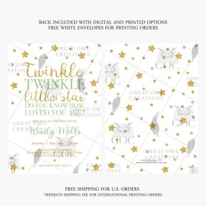 May include: A baby shower invitation with a gold glitter background and a green and white owl design. The invitation says "Twinkle Twinkle Little Star Do You Know How Loved You Are" and features the text "Great Owl Creations".