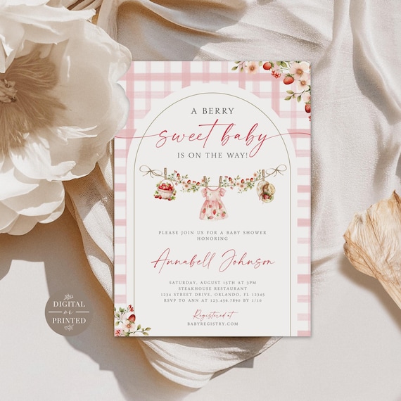 Berry Sweet Baby Shower Invitation, Strawberry Baby Shower Invite, Printed or Instant Editable Template, BA3625
