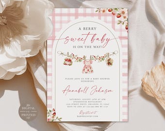 Berry Sweet Baby Shower Invitation, Strawberry Baby Shower Invite, Printed or Instant Editable Template, BA3625