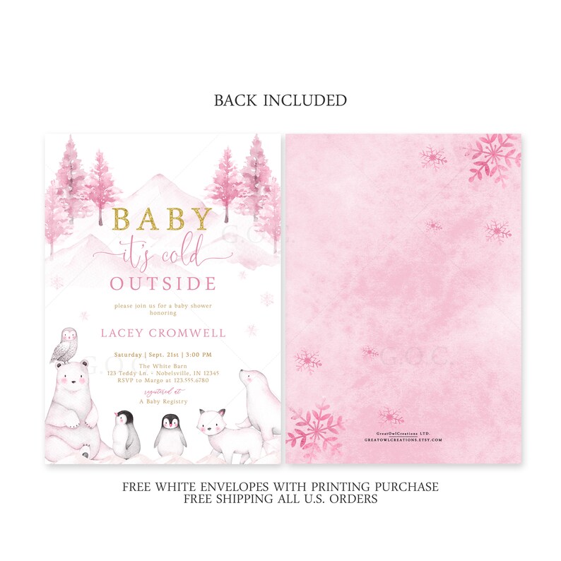 Pode incluir: Convite para ch&aacute; de beb&ecirc; rosa e branco com uma ilustra&ccedil;&atilde;o em aquarela de uma cena de floresta nevada. O texto diz "Baby it's cold outside" e inclui detalhes do evento, como a data, a hora, o local e as informa&ccedil;&otilde;es de RSVP.