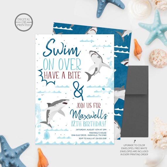 Shark Birthday Invitation | Shark Attack Birthday | Pool Party Birthday | Digital or Printed Il_570xn