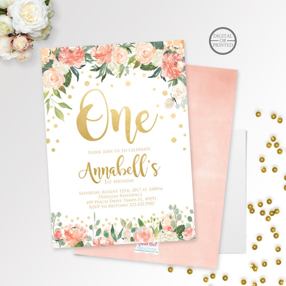 Floral Invitation | Gold Confetti Invitation | Girl Birthday Invitation | Peach Pink and Gold Birthday | Floral 1st Birthday | Watercolor Il_570xn