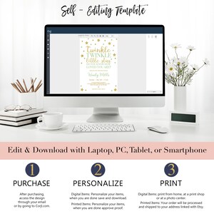May include: A computer screen displaying a printable invitation template with the text "Twinkle Twinkle Little Star Do You Know How Loved You Are?" with gold stars and green accents. The text "Wendy Mills" is also included. The image shows a step-by-step guide to purchase, personalize, and print the invitation.
