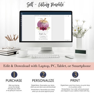 May include: A computer screen displaying a fall-themed wedding invitation template with a watercolour pumpkin and the text "Falling in love". The text "Edit & Download with Laptop, PC, Tablet, or Smartphone" is below the screen. Three numbered steps are listed below the text: 1. Purchase, 2. Personalise, and 3. Print.
