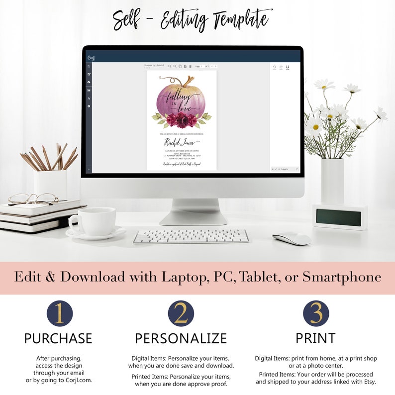 May include: A computer screen displaying a fall-themed wedding invitation template with a watercolour pumpkin and the text "Falling in love". The text "Edit & Download with Laptop, PC, Tablet, or Smartphone" is below the screen. Three numbered steps are listed below the text: 1. Purchase, 2. Personalise, and 3. Print.