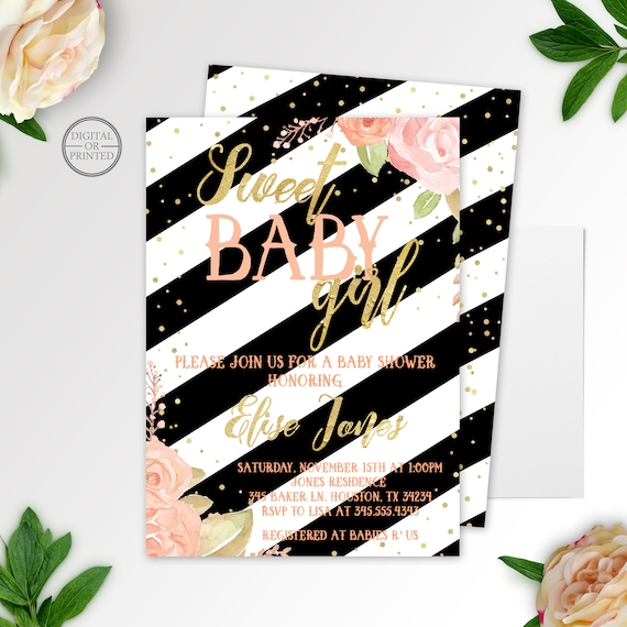 Black Pink and Gold Baby Shower Invitations | Floral Baby Shower Invitation | Sweet Baby Girl Baby Shower Invitation | Stripes Watercolor Il_570xn