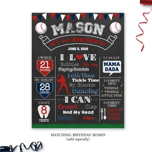 May include: A chalkboard style birthday sign for a boy named Mason, celebrating his first birthday. The sign is decorated with baseballs, red, white, and blue colors, and includes details like his weight, height, and favorite things. The text reads "Mason My 1st Birthday June 5, 2019 I Love Bubbles My Dog Playing Outside Bath Time Tickle Time My Blankie Dancing I Can Crawl Clap Nod My Head Point Wave I Can Say Mama Dada Favorite Song Twinkle Twinkle Little Star Favorite Food Bananas Cookies Cheese"