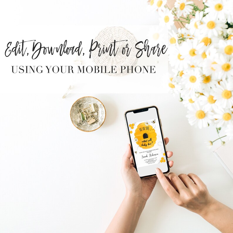 May include: A smartphone displaying a baby shower invitation with a beehive design and the text "Bee or See? What will baby bee?"